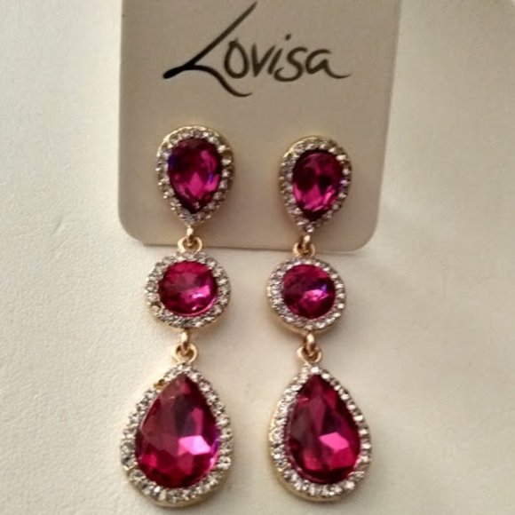 Lovisa Jewelry - LOVISA Glamorous Gold Round & Teardrop Fuchsia Crystals Dangle Earrings**NEW!
